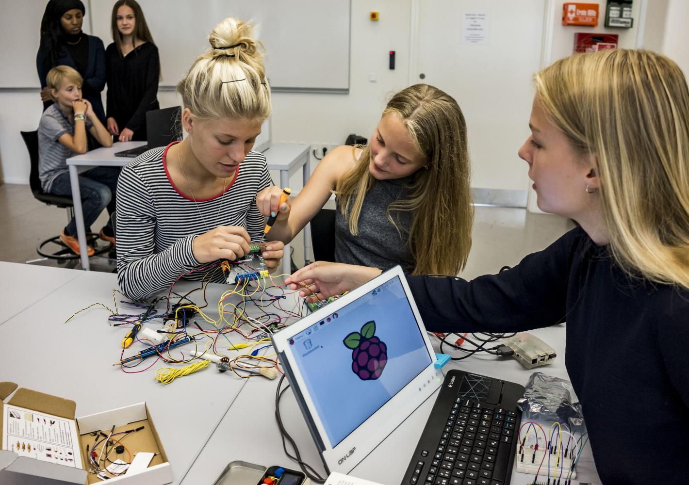 Billede fra Praksis 7 2021 - Indsatser i teknologi og teknologiforståelse. Piger der arbejder med teknologi